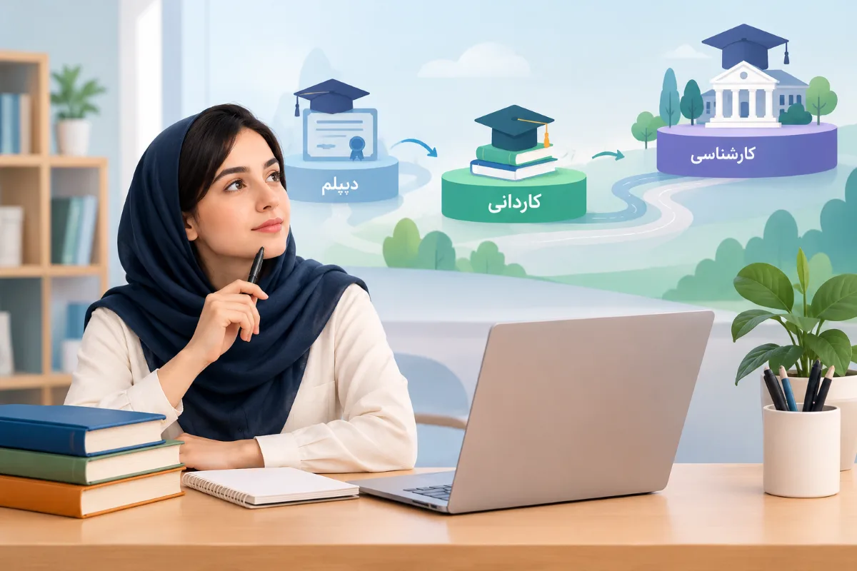 دانشجو در حال بررسی مسیر ادامه تحصیل از کاردانی به کارشناسی