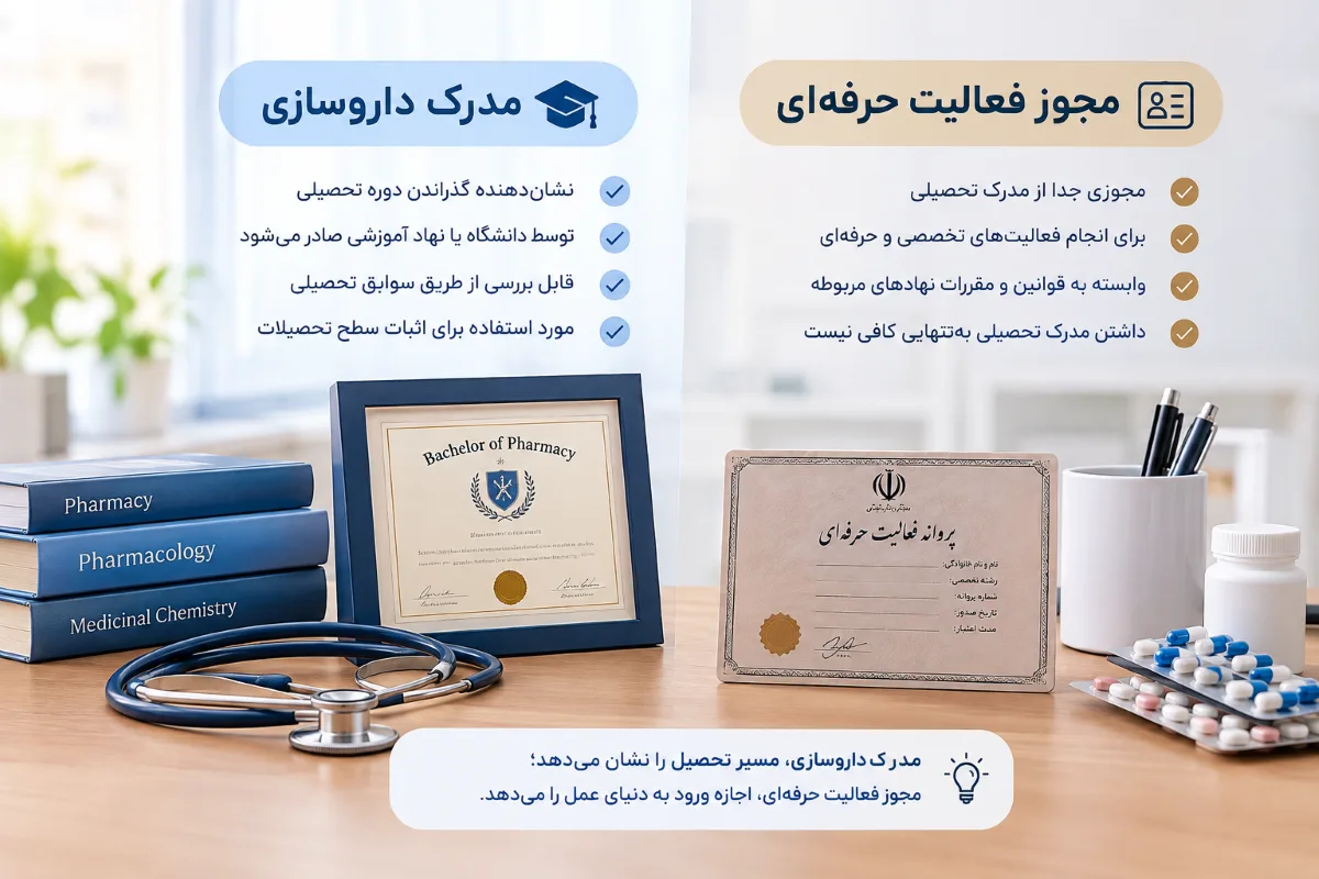 تفاوت مجوز فعالیت حرفه ای یا مدرک داروسازی